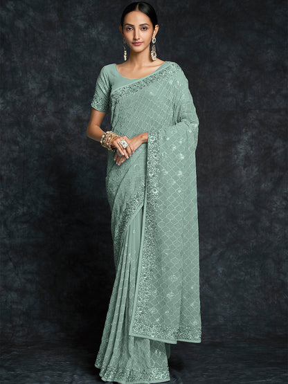 Rajwada Olive Embroidered Georgette Saree With Unstitched Blouse For Women