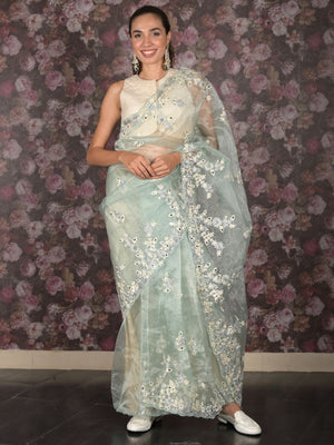 Rajwada Sea Green Mirror Embroidered Organza Saree for Women
