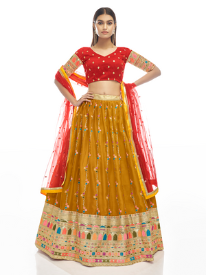 Rajwada Women Mustard Embroidered Georgette Semi Stitched Lehenga With Unstitched Blouse