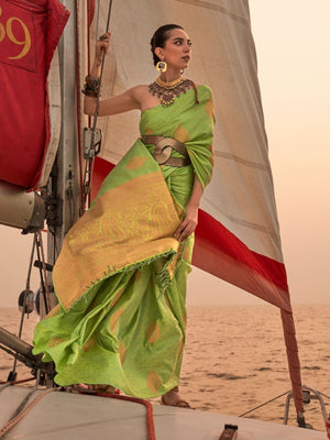 Rajwada Green Satin Woven Saree With Unstitched Blouse for Women