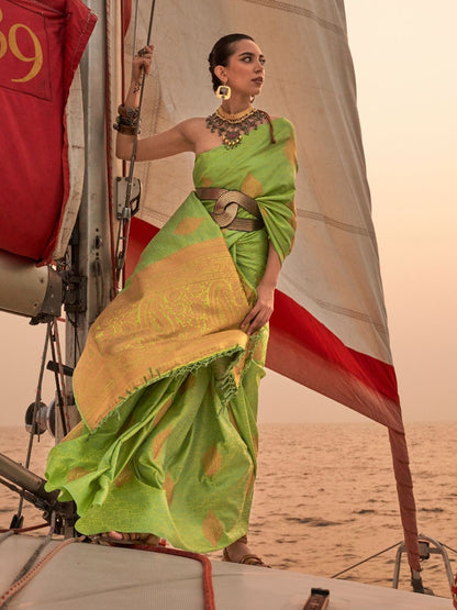 Rajwada Green Satin Woven Saree With Unstitched Blouse for Women
