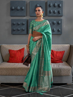 Rajwada Teal Silk Blend Woven Saree With Unstitched Blouse for Women