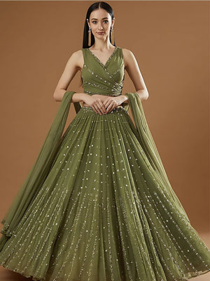 Rajwada Olive Georgette Embellished Semi-Stitched lehenga For Women