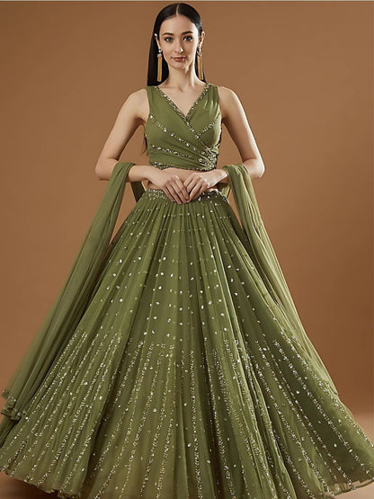 Rajwada Olive Georgette Embellished Semi-Stitched lehenga For Women