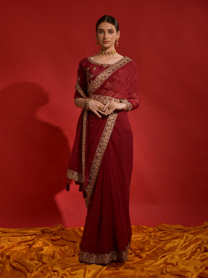 Rajwada Maroon Embroidered Georgette Saree With Unstitched Blouse For Women