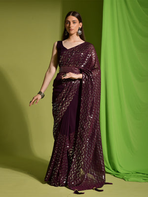 Rajwada Wine Embellished Georgette Saree With Unstitched Blouse For Women