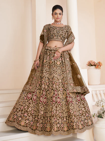 Rajwada Brown Organza Net Embroidered Semi Stitched Lehenga With Unstitched Blouse for Women