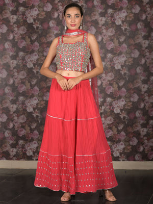 Rajwada Pink Mirror and Sequins Embroidered Georgette Stitched Lehenga with Stitched Blouse for Women