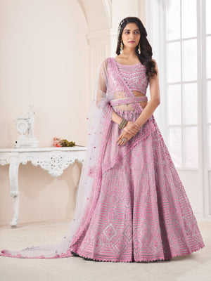 Rajwada Pink Net Embellished Semi Stitched Lehenga With Unstitched Blouse for Women