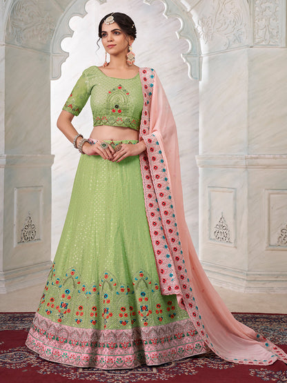 Rajwada Green Georgette Embroidered Semi Stitched Lehenga With Unstitched Blouse for Women