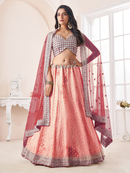 Rajwada Peach Shibori Crepe Embroidered Semi Stitched Lehenga With Unstitched Blouse for Women