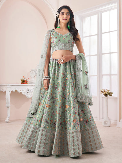 Rajwada Green Organza Blend Embroidered Semi Stitched Lehenga With Unstitched Blouse for Women