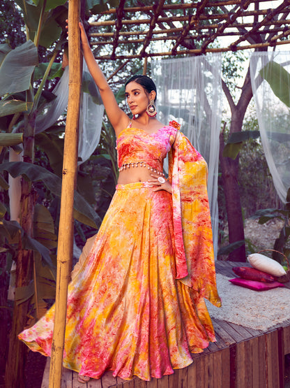 Rajwada - Pink and Yellow Stitched Lehenga