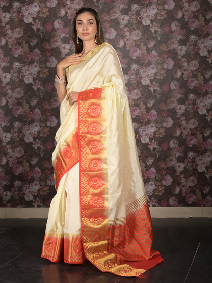 Rajwada Cream and Red Ethnic Woven Silk Blend Saree Without Blouse for Women