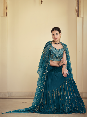 Rajwada Women Teal Embroidered Crepe Semi Stitched Lehenga With Unstitched Blouse