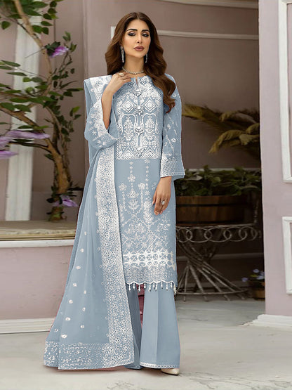 Rajwada Blue Organza Embroidered Semi Stitched Salwar Suit For Women