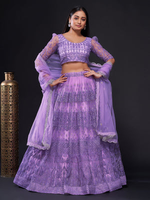 Rajwada Women Lavender Net Embroidered Semi Stitched Lehenga Choli