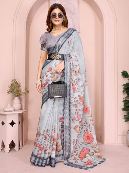 Rajwada Grey Cotton Linen Printed Saree For Women