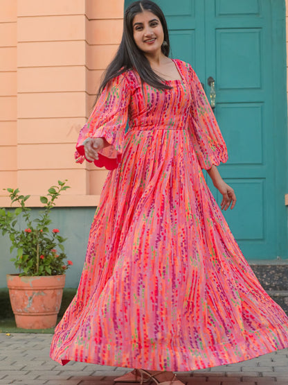 Rajwada Peach Chiffon Stitched Printed Indo Western Dress For Women