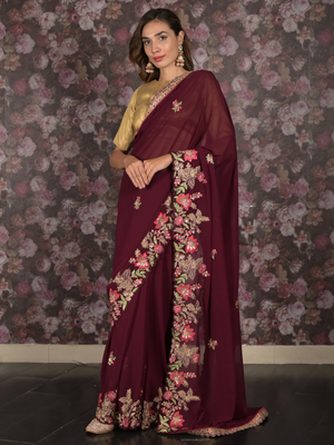 Rajwada Purple Floral Embroidered Georgette Saree with Unstitched Blouse for Women