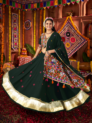 Rajwada Dark Green Cotton Blend Embroidered Semi-Stitched Lehenga For Women