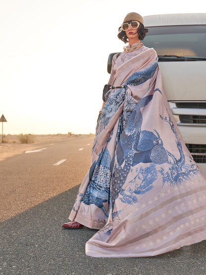 Rajwada Light Purple Silk Blend Printed Saree With Unstitched Blouse For Women