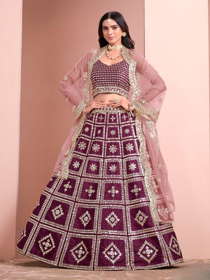 Rajwada Wine Art Silk Embellished Semi-Stitched lehenga For Women