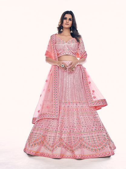 Rajwada Pink Embroidered Soft Net Semi Stitched Lehenga With Blouse For Women