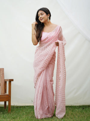 Rajwada Pink Organza Mirror Work Saree With Unstitched Blouse For Women