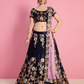 Rajwada Women Dark Blue Embroidered Velvet Silk Semi Stitched Lehenga With Unstitched Blouse