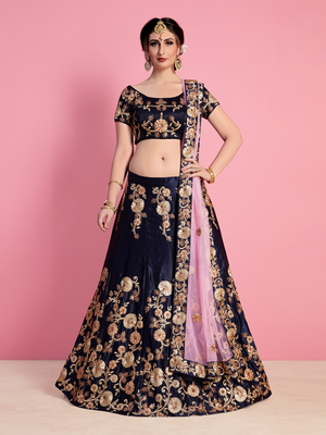 Rajwada Women Dark Blue Embroidered Velvet Silk Semi Stitched Lehenga With Unstitched Blouse