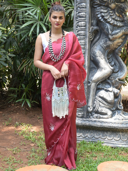 Rajwada Maroon Beads Embroidered Khadi Organza Saree with Unstitched Blouse for Women