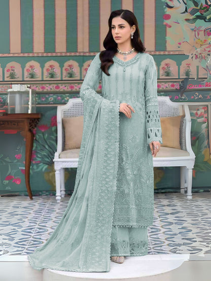 Rajwada Sky Blue Georgette Embroidered Semi-Stitched Kurta Set For Women