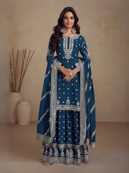 Rajwada Blue Embroidered Silk Semi Stitched Kurta Set For Women
