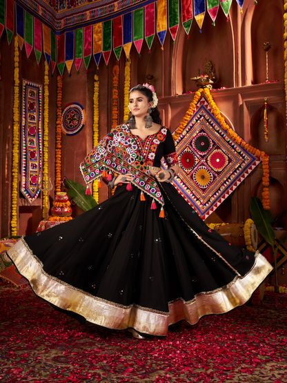 Rajwada Black Cotton Blend Embroidered Semi-Stitched lehenga For Women