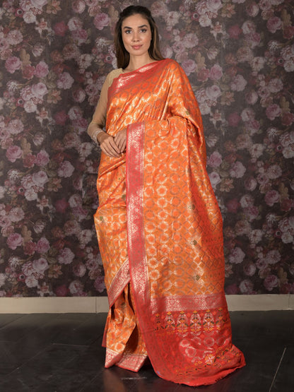 Rajwada Orange Patola Silk Woven Saree with Unstitched Blouse for Women