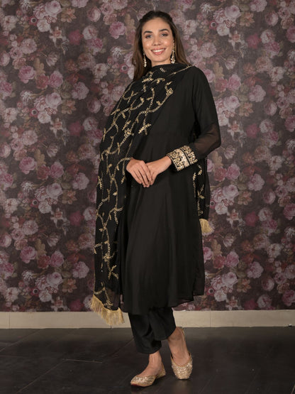 Rajwada Black Embroidered Stitched Fit and Flare Georgette Kurta Set for Womem