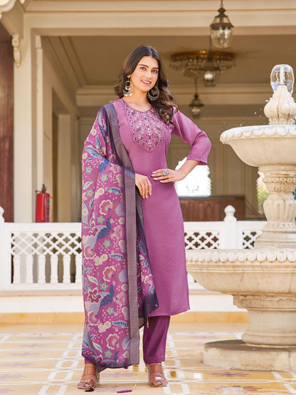 Rajwada Purple Rayon Embroidered Stitched Kurta Set For Women