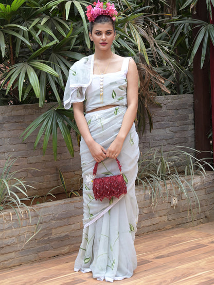 Rajwada Grey Printed Chiffon Saree with Unstitched Blouse for Women