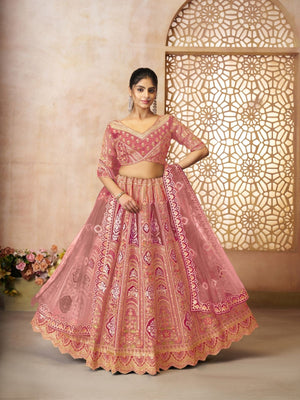 Rajwada Pink Banarasi Silk Embroidered Semi-Stitched Lehenga For Women