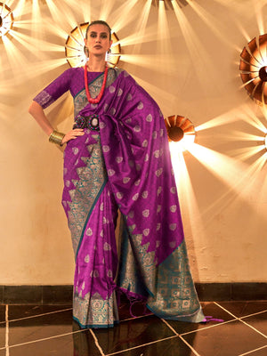 Rajwada Purple Silk Blend Woven Saree With Unstitched Blouse For Women