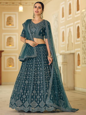 Rajwada Women Teal Embroidered Soft Net Semi Stitched Lehenga With Unstitched Blouse