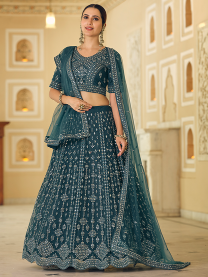 Rajwada Women Teal Embroidered Soft Net Semi Stitched Lehenga With Unstitched Blouse