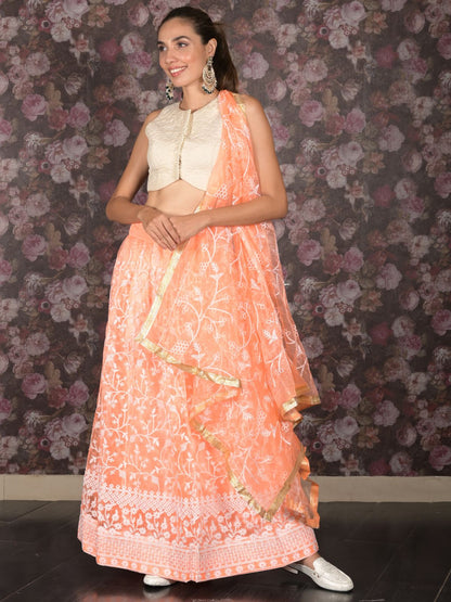 Rajwada Orange Thread Embroidered Semi-Stitched Net Lehenga with Unstitched Blouse for Women