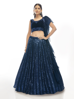 Rajwada Dark Blue Embroidered Velvet Semi Stitched Lehenga With Unstitched Blouse For Women