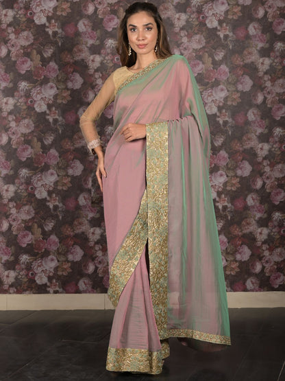 Rajwada Green and Pink Double Shaded Embroidered Crepe Saree with Unstitched Blouse for Women