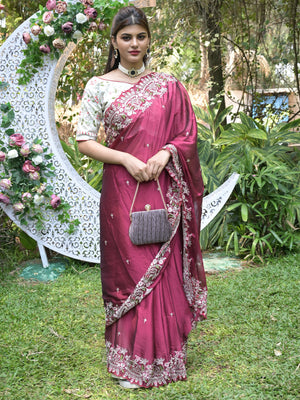 Rajwada Maroon Embroidered Satin Georgette Saree with Unstitched Blouse for Women