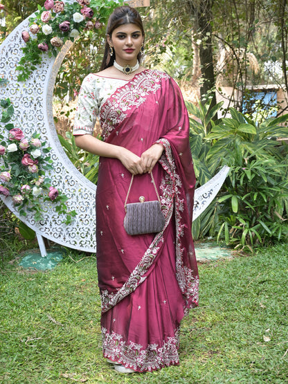 Rajwada Maroon Embroidered Satin Georgette Saree with Unstitched Blouse for Women