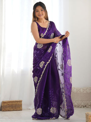 Rajwada Violet Chiffon Embroidered Elegant Saree For Women