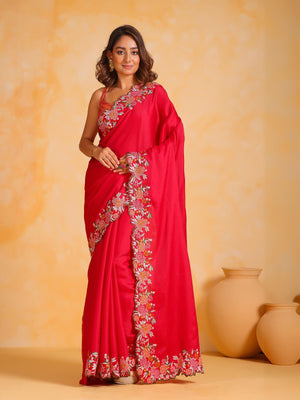 Rajwada Red Silk Blend Embroidered Saree With Unstitched Blouse For Women